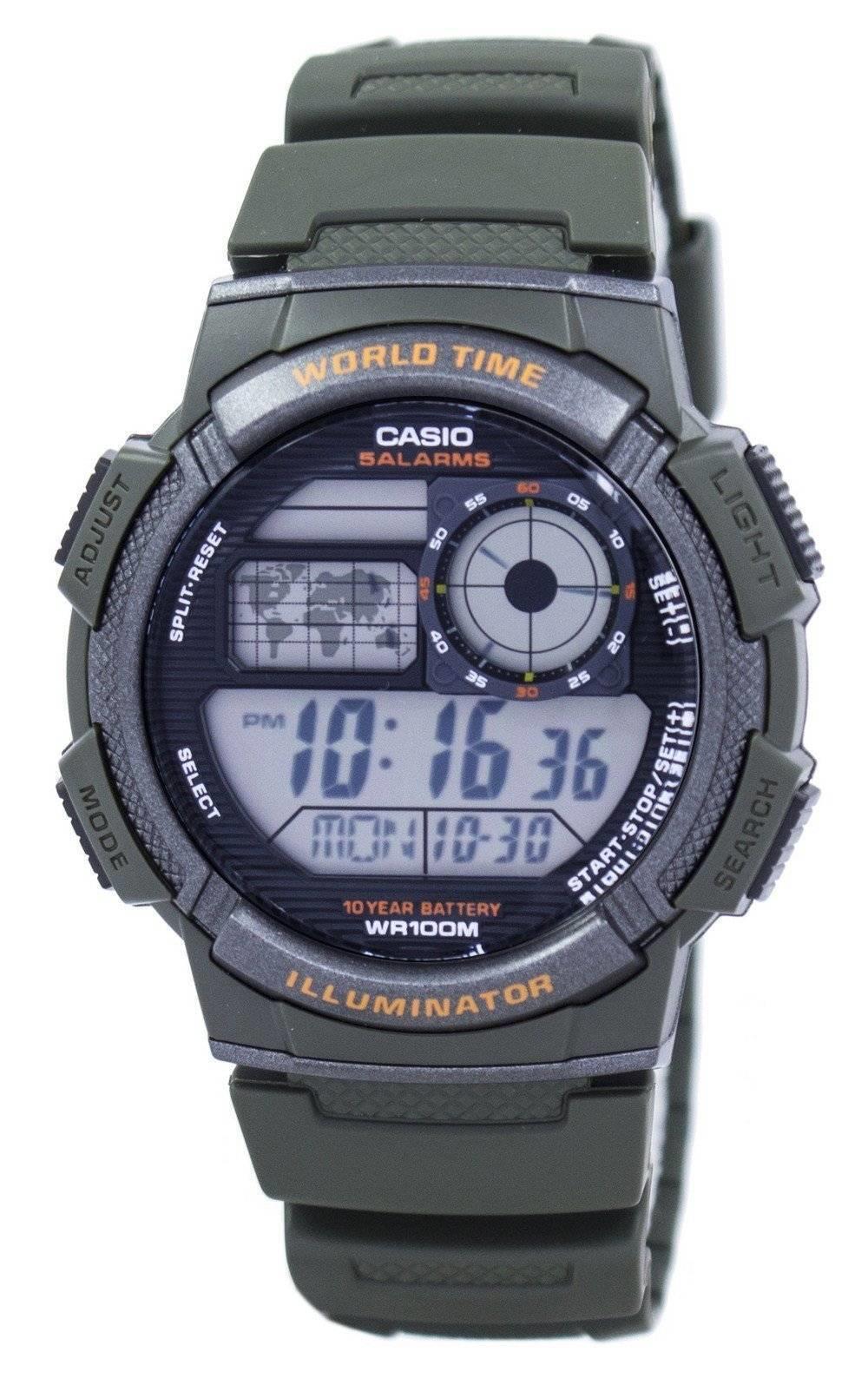 Casio Mens Digital Illuminator Sports Karki Green Rubber Strap Watch Ae-1000w-3avdf