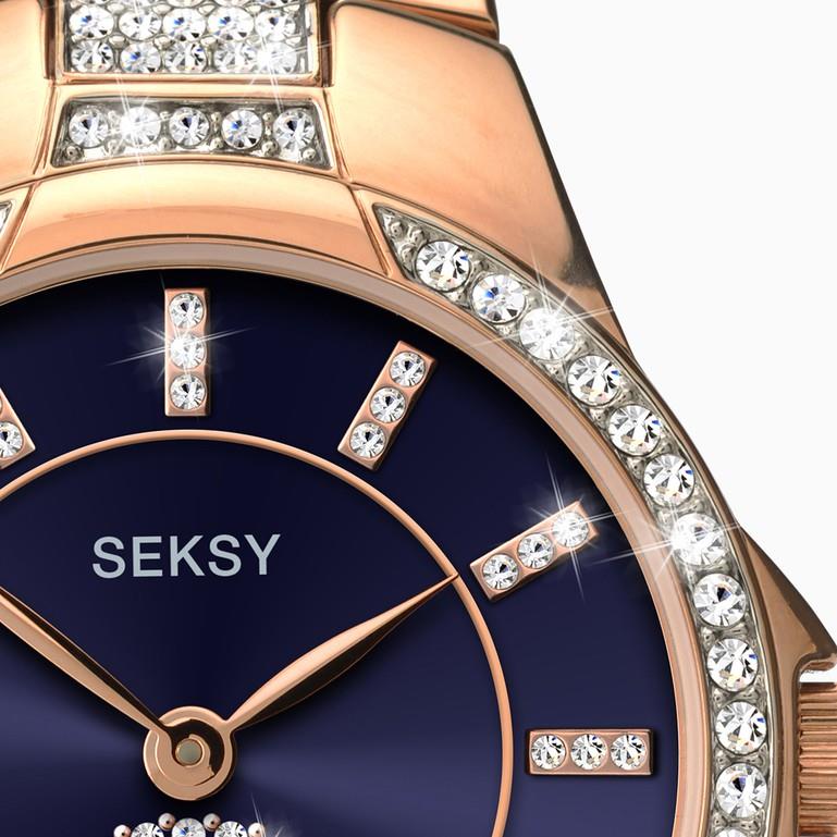 Seksy Ladies Rose Gold Case & Brass Bracelet With Navy Blue Dial Watch 2183