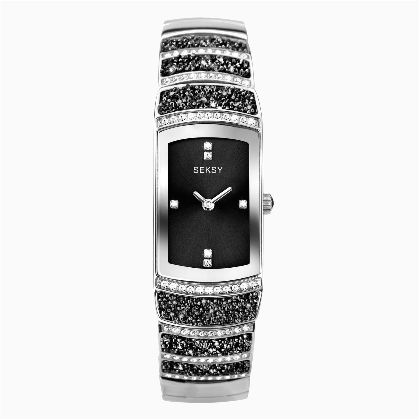 Seksy Rocks® Ladies Watch | Silver Case & Stainless Steel Bracelet With Black Dial | 2741