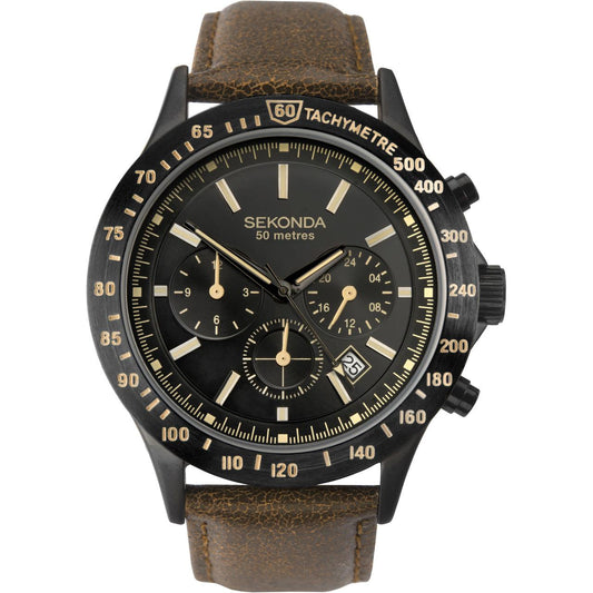 Sekonda Men's Tachymeter Dual-Time Black Dial Brown Leather Strap Watch 1651
