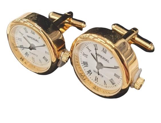 Miniature Clock Goldtone Plated Metal Cufflinks Solid Brass IMP414 - CLEARANCE NEEDS RE-BATTERY