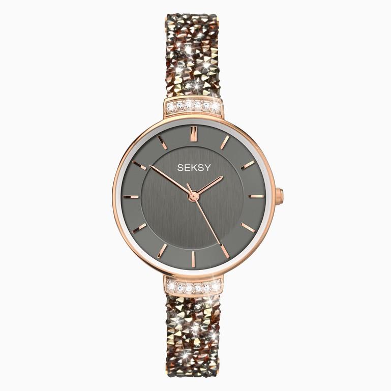 Seksy Rocks Ladies Watch | Rose Gold Case & Leather Bracelet With Grey Dial | 2579