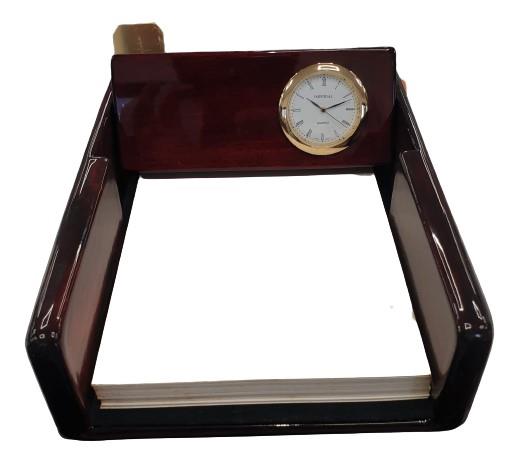 Miniature Clock With Brown Notepad Holder Solid wood IMP201 - CLEARANCE NEEDS RE-BATTERY