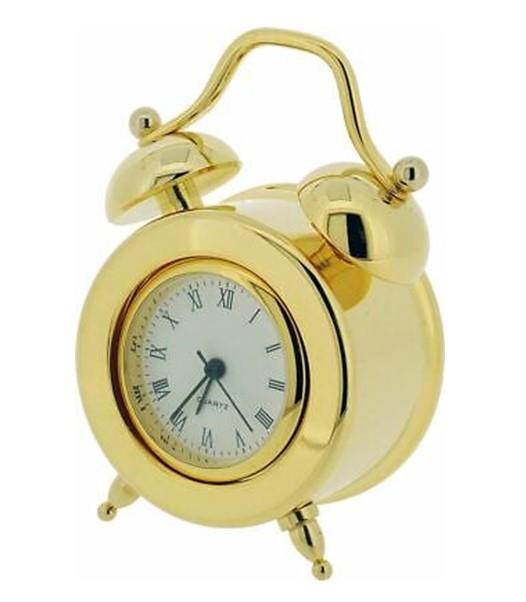 Miniature Clock Gold plated Double Bell Solid Brass IMP1041- CLEARANCE NEEDS RE-BATTERY