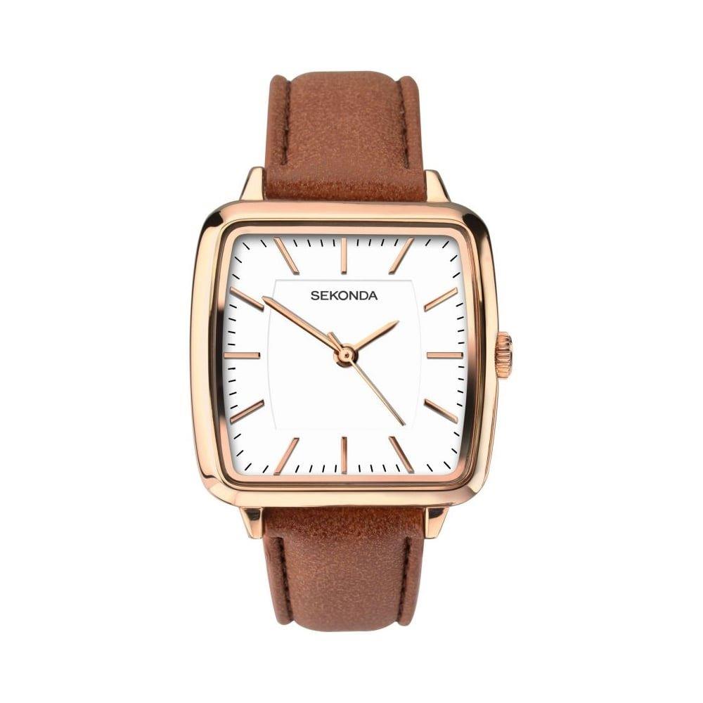 Sekonda Women's Fashion Square Rose Gold Plated Case PU Leather Strap Watch 2450