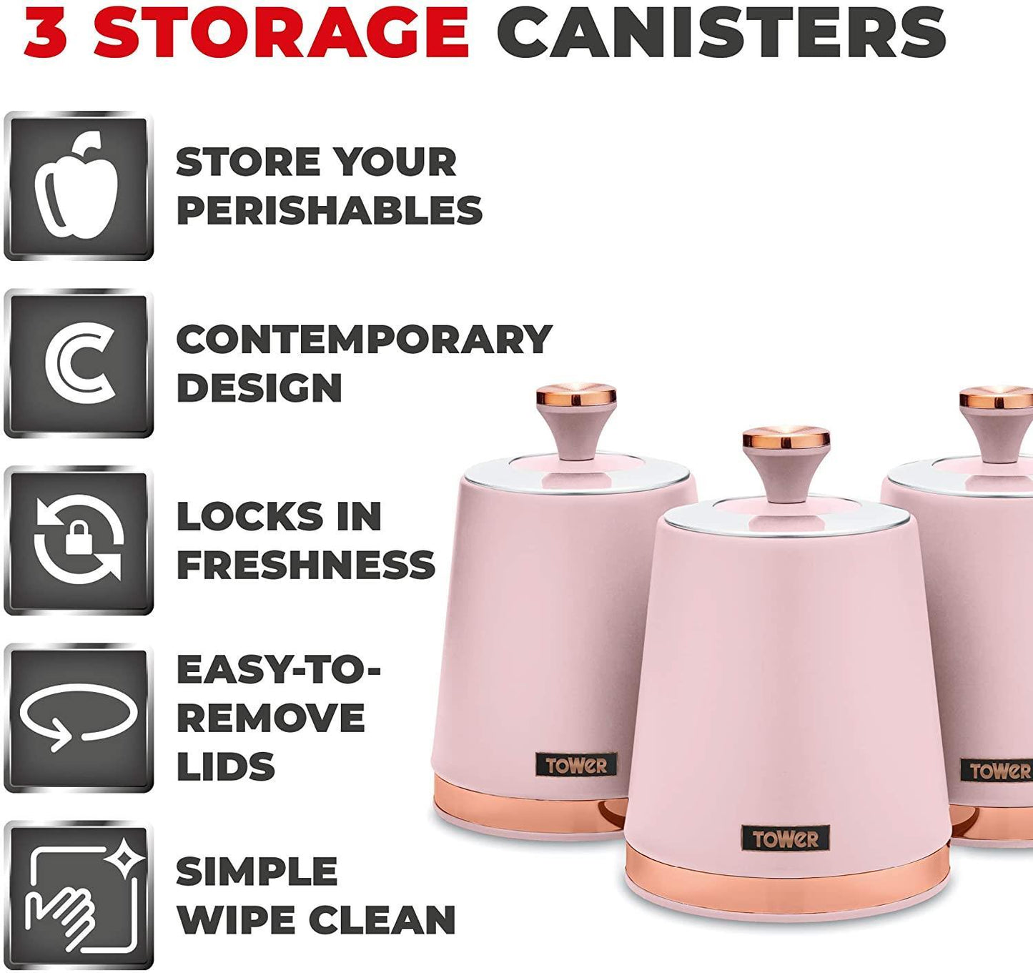 Tower T826131PNK Cavaletto Set of 3 Storage Canisters for Coffee/Sugar/Tea, Carbon Steel, Marshmallow Pink and Rose Gold