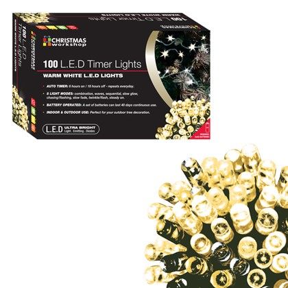 Christmas Workshop 100 LED Battery Op Timer Lights - Warm White (Carton of 20)