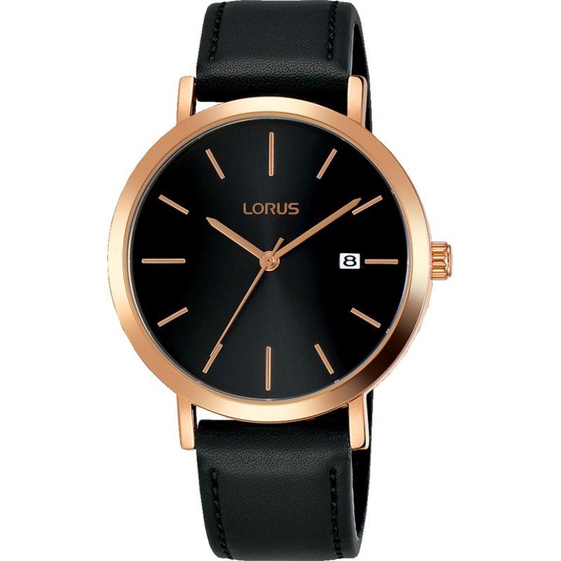 Lorus Mens Rose Gold Black Dial Strap Watch Rh934jx9