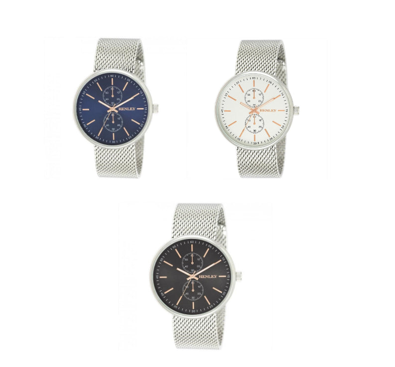 Henley Mens Front Loading Mesh Bracelet Watch H02154 - MULTIPLE COLOURS