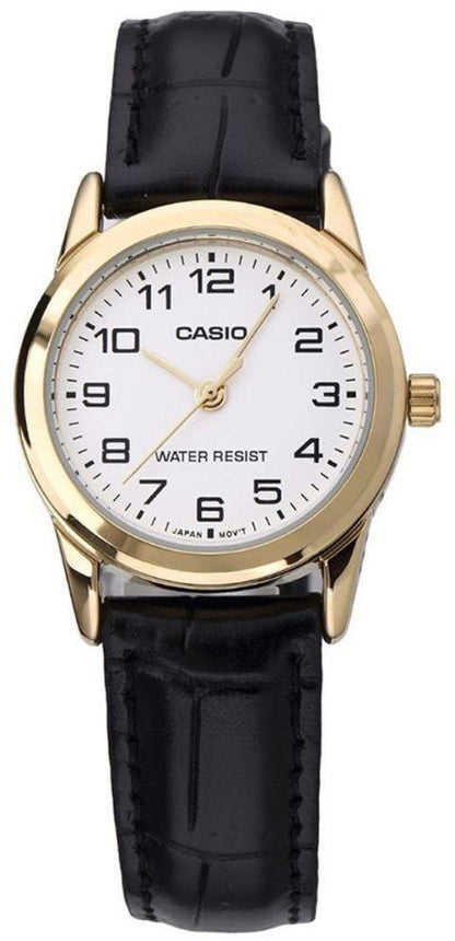 Casio Ladies Fashion White Dial Gold Case Leather Strap Watch Ltp-v001gl-7budf