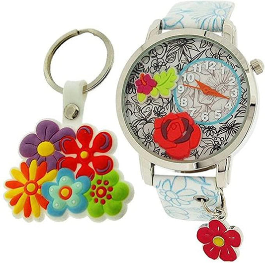 Time Design Kids Children Quartz Analogue Floral Watch Key Ring Set TDX4526- CLEARANCE NEEDS RE-BATTERY