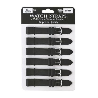 Genuine Calf Grain Leather Black Watch Straps Silver Buckle (Pk of 6) BLSR