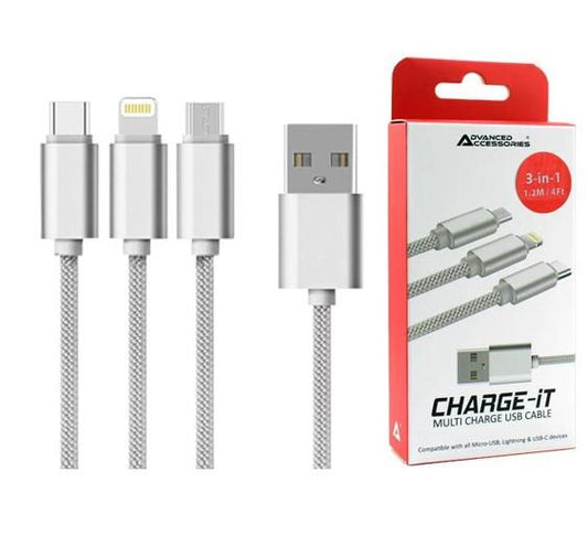 Advanced Accessories 3 in 1 USB Cable 1.2 Metre (8 Pin/USB-C/Micro)- Silver