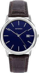 Sekonda Mens Blue Dial Dated Brown Leather Strap Watch 1716