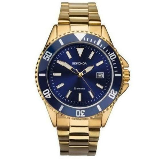 Sekonda Mens Blue Dial Analogue Display And Gold Plated Bracelet 1516