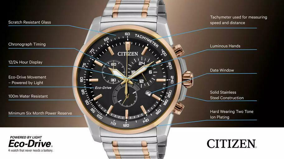 Citizen Mens Chronograph Eco-drive Black Dial Two Tone Stainless Steel Watch At2376-59h
