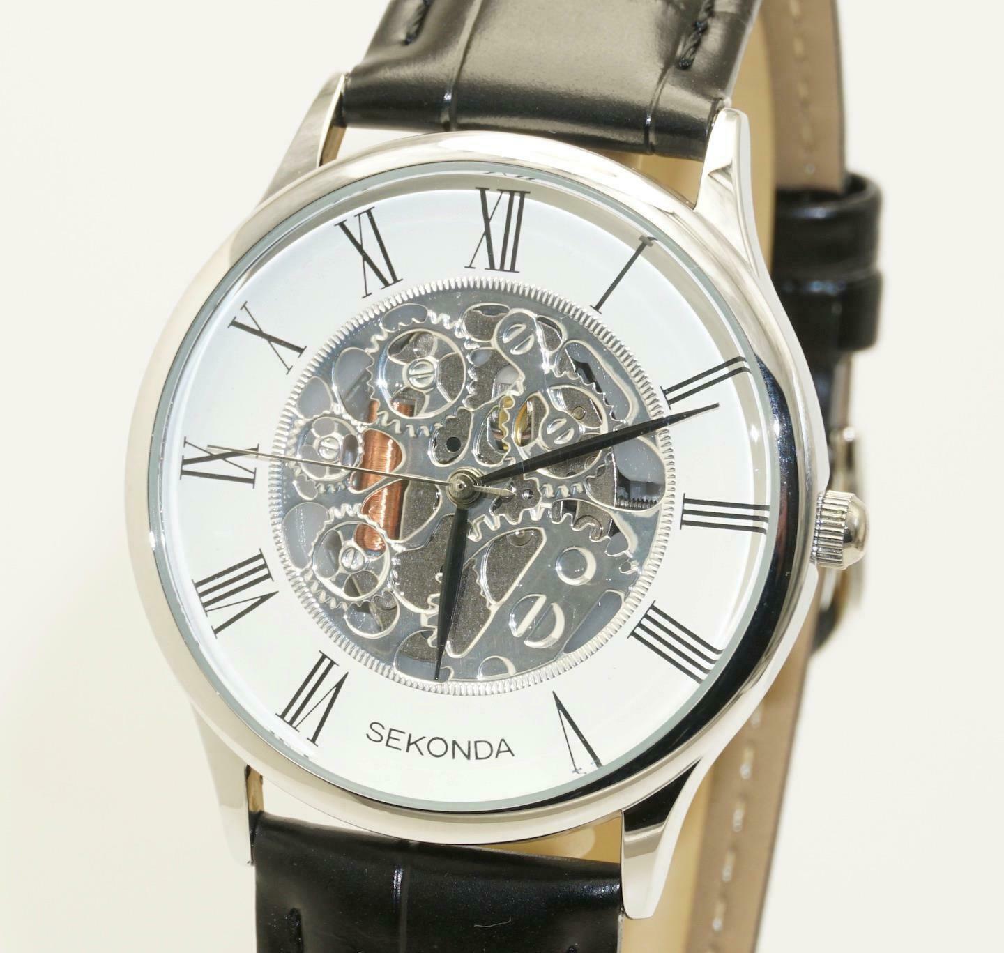 Sekonda Mens Skeleton Black Leather Strap Watch 1201