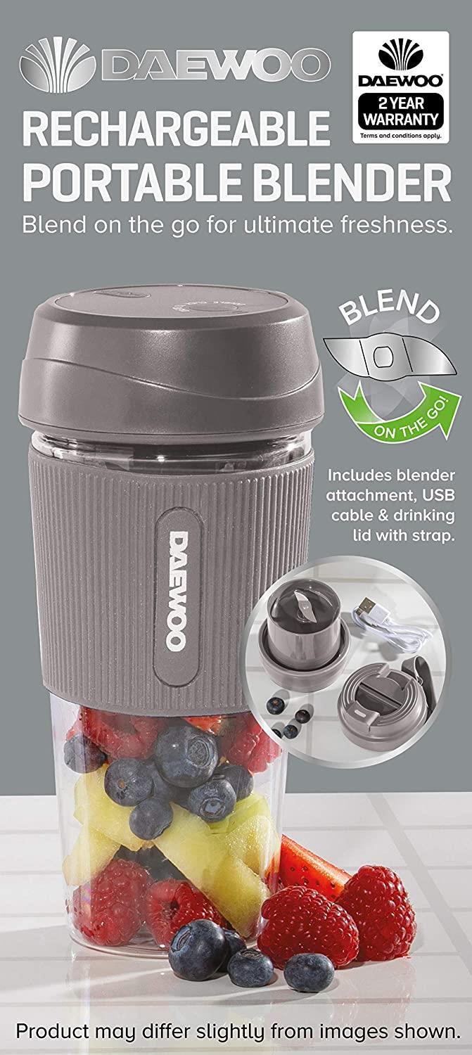 Daewoo 50W Grey Portable Rechargable Blender with 300ml Capacity and Drinking Lid SDA1945