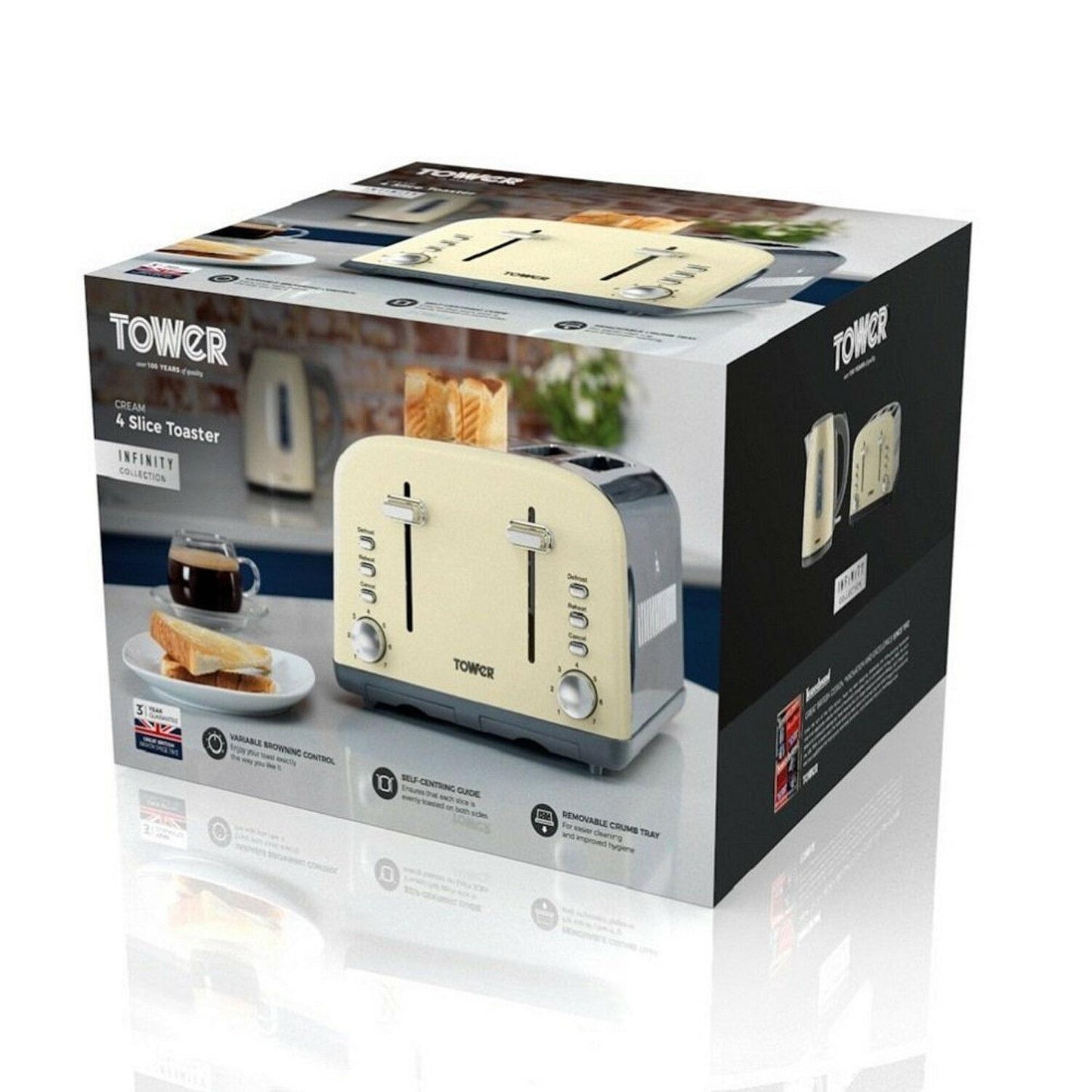 Tower Infinity 4-Slice Toaster Stainless Steel 1800w Cream T20015C