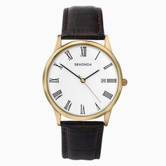 Sekonda Mens Dated Gold Case White Dial with Leather Strap 1778