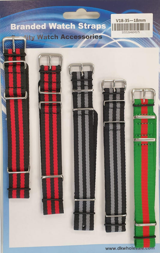 Nato style fabric watch strap 5pk assorted Stripe colours V18S Available sizes 18mm - 22mm