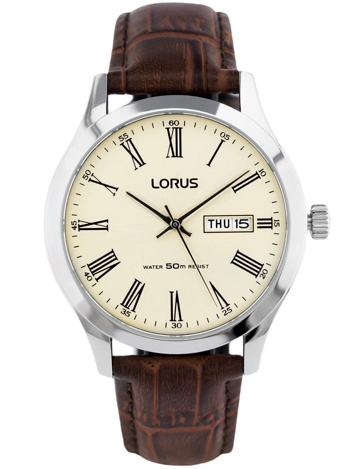 Lorus Men's Brown Leather Strap Champange Dial Date & Day Display Watch RXN53DX9