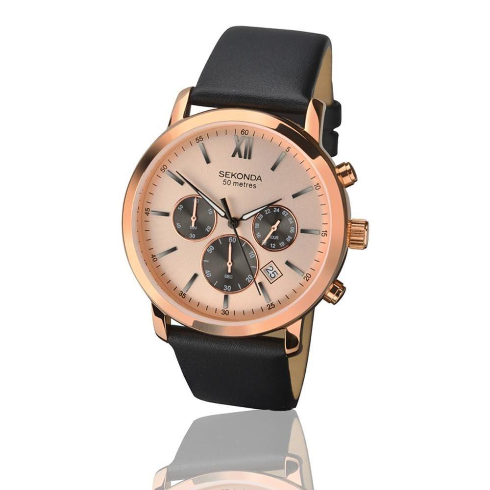 Sekonda Mens Rose Gold Case Black Leather Strap Watch 1206