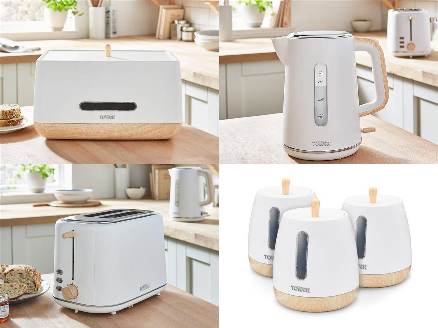 Tower Scandi Kettle, 2 Slice Toaster, Bread Bin and Canister Set