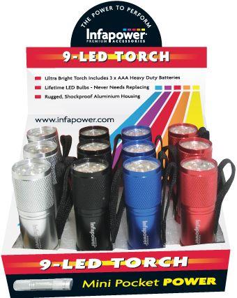 Infapower 9-LED Torch Ultra Bright Shockproof Aluminium (Pack of 12)