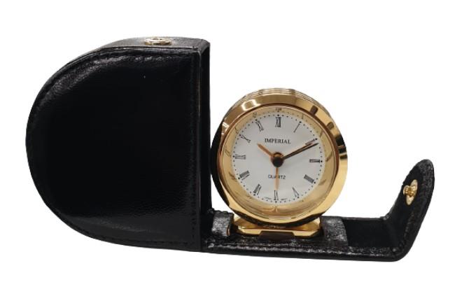 Miniature Clock Travel Alarm Goldtone Clock folds away into Black Leather bag  IMP119 - CLEARANCE NEEDS RE-BATTERY