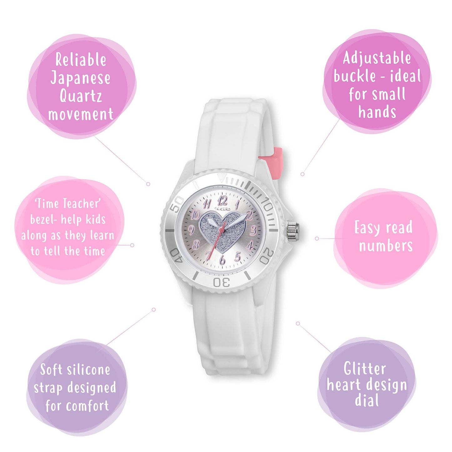 Tikkers Girls White Rubber/Silicone Strap Watch with Glitter LOVE Heart Design TK0034