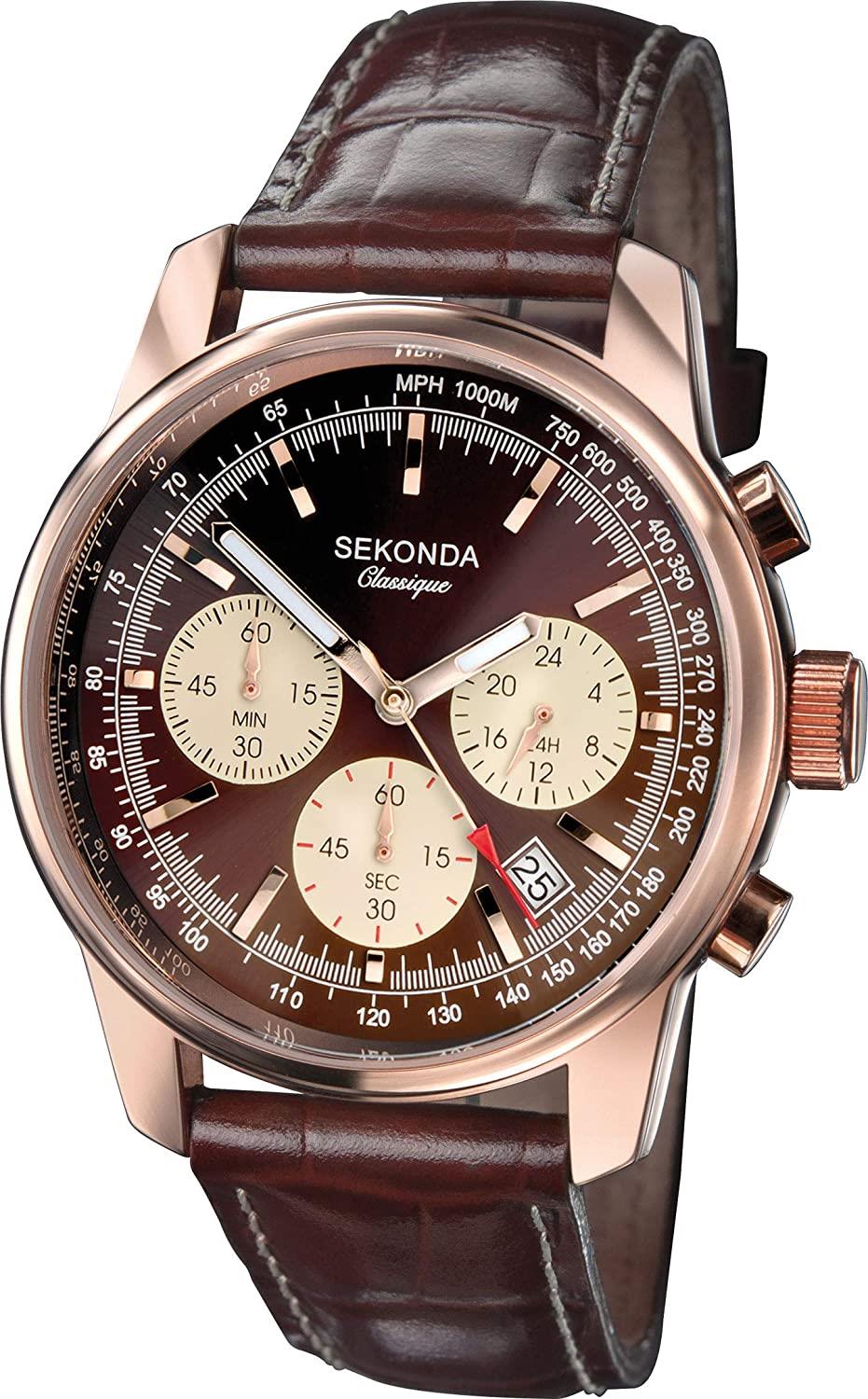 Sekonda Mens Chronograph Rose Gold Case Brown Leather Strap Watch 1482