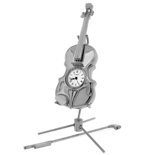 Miniature Clock Silver Standing Violin with stand Solid Brass IMP84S - CLEARANCE NEEDS RE-BATTERY
