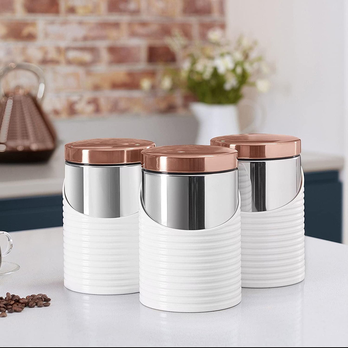 TOWER Linear Stainless Steel White/Rose Gold, 11.6 x 11.6 x 17 cm, Set of 3 Canisters T826001RW