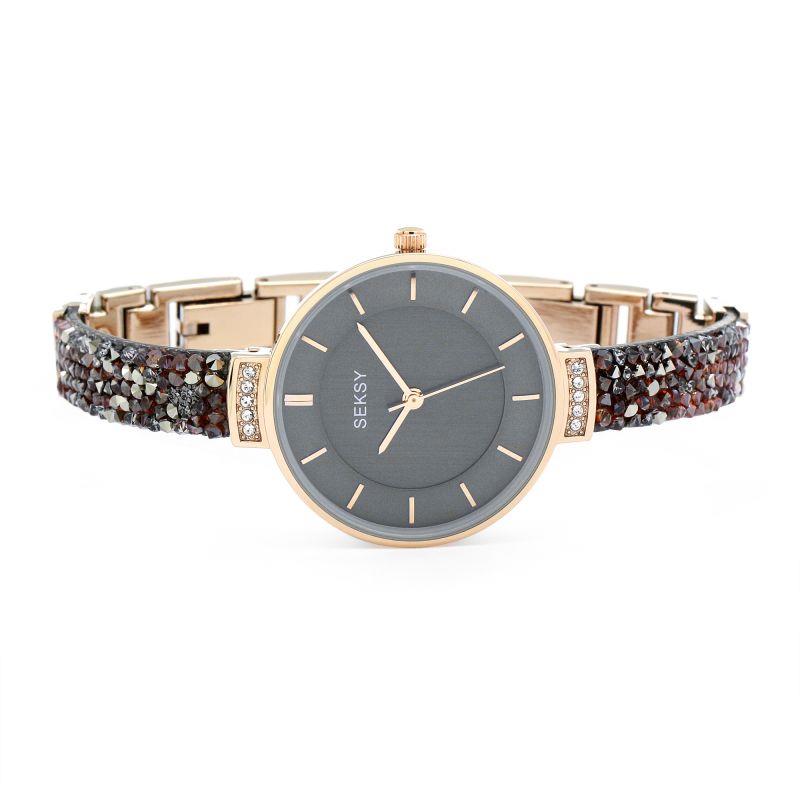 Seksy Rocks Ladies Watch | Rose Gold Case & Leather Bracelet With Grey Dial | 2579