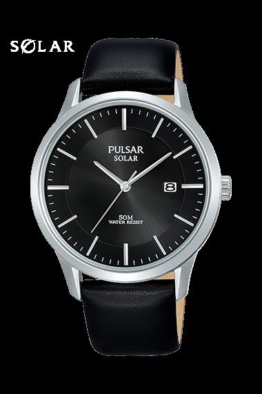 Pulsar Mens Stainless Steel Case Black Solar Dial Leather Strap Watch PX3163X1