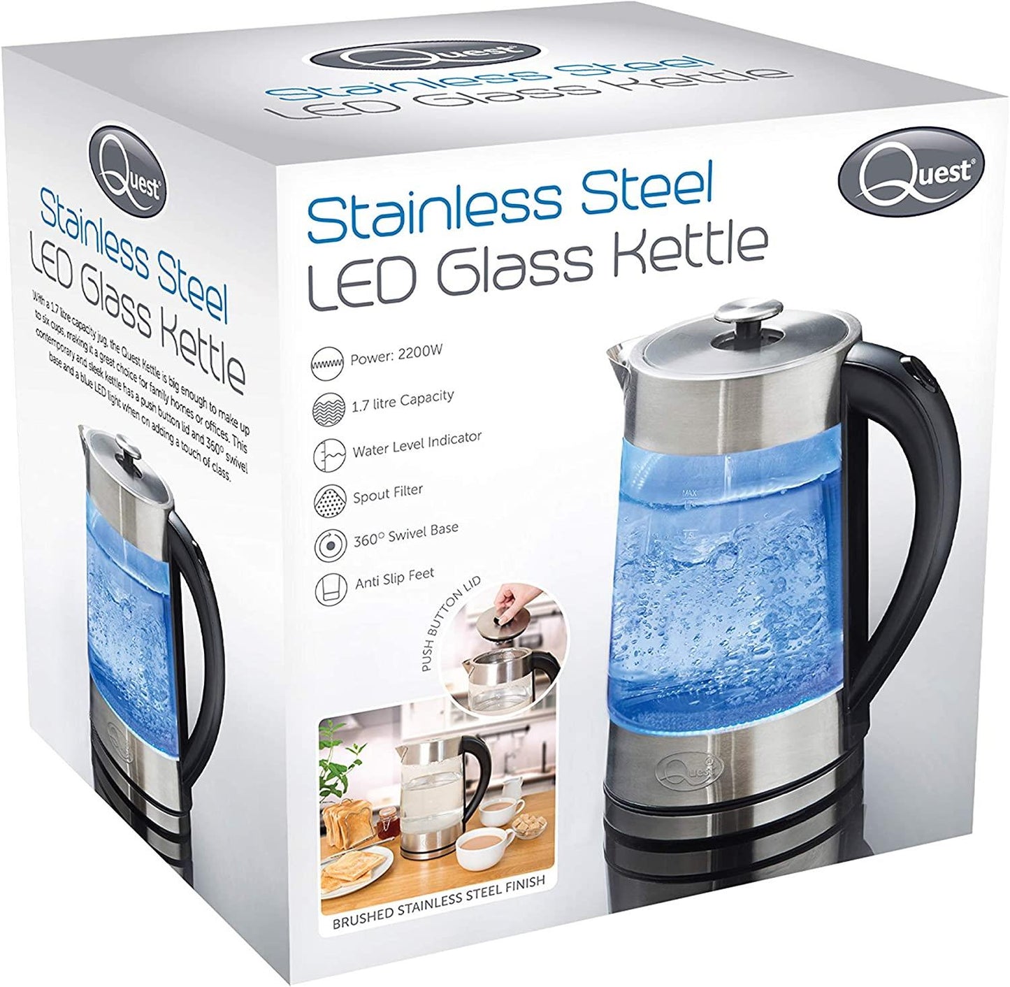 Quest LED 1.7L Glass and Illuminating Stainless Steel Kettle - 2200w 34260
