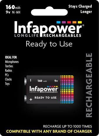 Infapower Rechargeable Battery 9v 160mAh (1pc) Ni-Mh (Compatible with any Charger) B007 (Pack of 10)