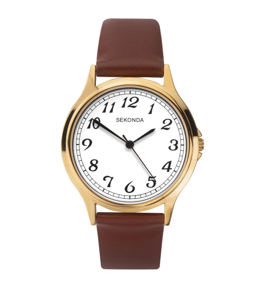 Sekonda Mens Basic White Dial Brown Leather Strap Watch 1684