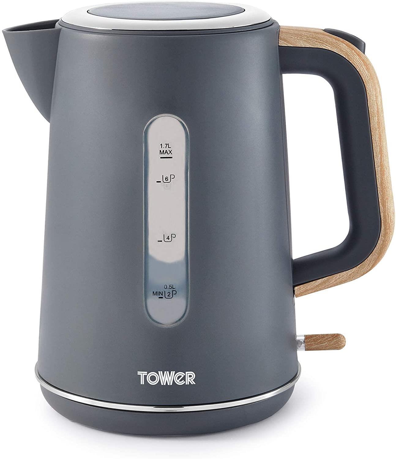 Tower Scandi Cordless Rapid Boil Kettle 1.7L 3000w Grey/Wood Accents- T10037G