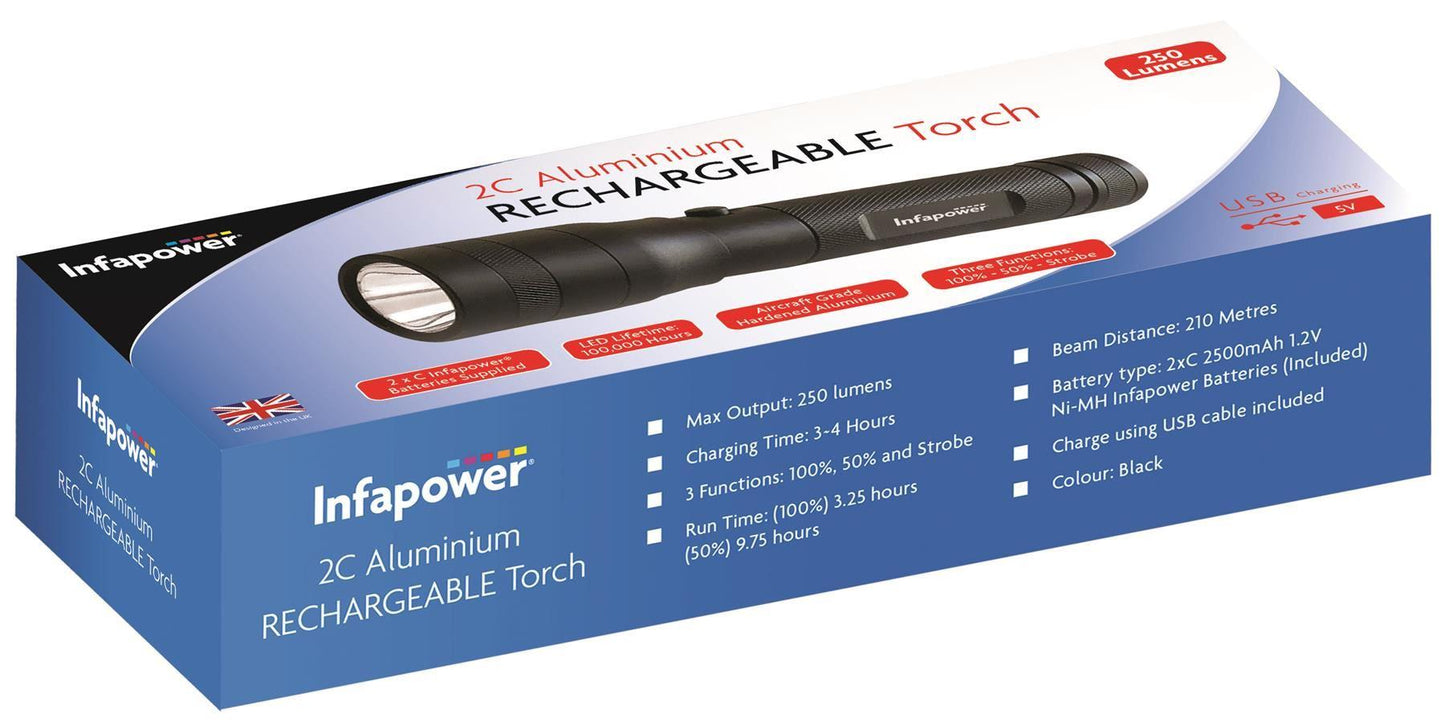 Infapower 2 x C Aluminium Rechargeable torch 250 Lumens USB Charging