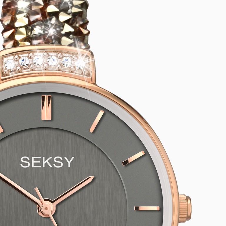 Seksy Rocks Ladies Watch | Rose Gold Case & Leather Bracelet With Grey Dial | 2579