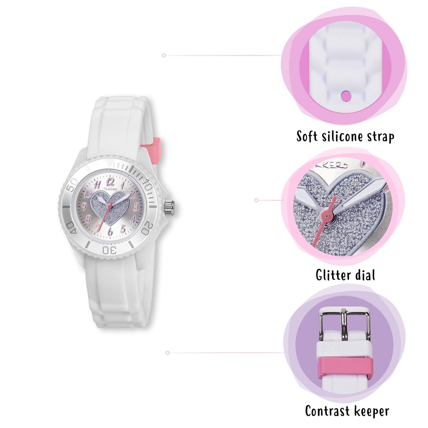 Tikkers Girls White Rubber/Silicone Strap Watch with Glitter LOVE Heart Design TK0034