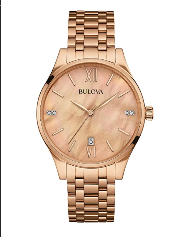 Bulova Ladies Quartz Watch With Mother Of Pearl Dial Analogue Display And Rose Gold Bracelet 97s113