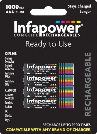 Infapower Rechargeable Batteries AAA 1000mAh (4) Ni-Mh (Compatible with any Charger) B002 (Pack of 10)