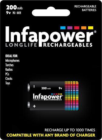 Infapower Rechargeable Battery 9v 200mAh (1pc) Ni-Mh (Compatible with any Charger) B010 (Pack of 10)