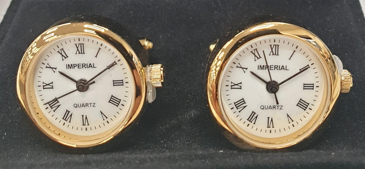 Miniature Clock Goldtone Plated Metal Cufflinks Solid Brass IMP414 - CLEARANCE NEEDS RE-BATTERY