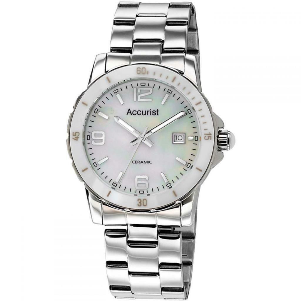 Ladies Accurist Stainless Steel Ceramic White Bezel Sports Watch LB1781