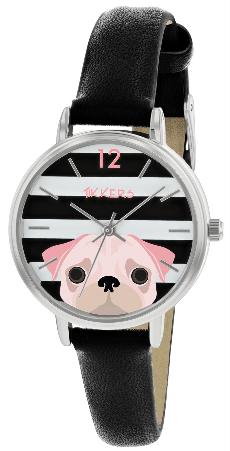 Tikkers Girls Analogue Black Striped case Leather Strap Sparkle Watch TK0174