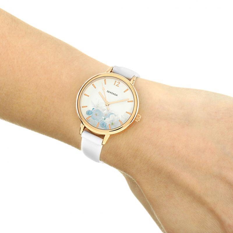 Sekonda Ladies Rose Gold Plated White Floral Dial Leather Strap Watch 2623